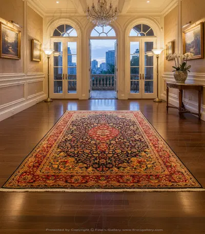 Deep Red Black Silk Hand Knotted Rectangle Rug with Green Accents - Luxury Oriental Design