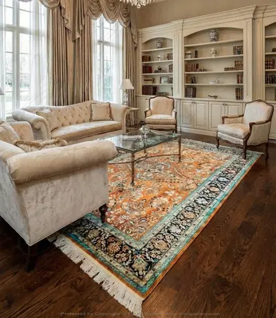 Hand Knotted Silk Rug Rectangle - Bright Mango with Aqua & Indigo Border - Luxury Home Decor