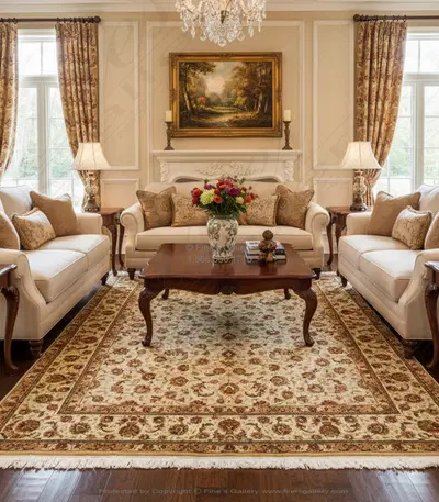 Pale Grey Hand-Knotted Wool & Silk Traditional Rug with Mauve & Green Pattern - Rectangle