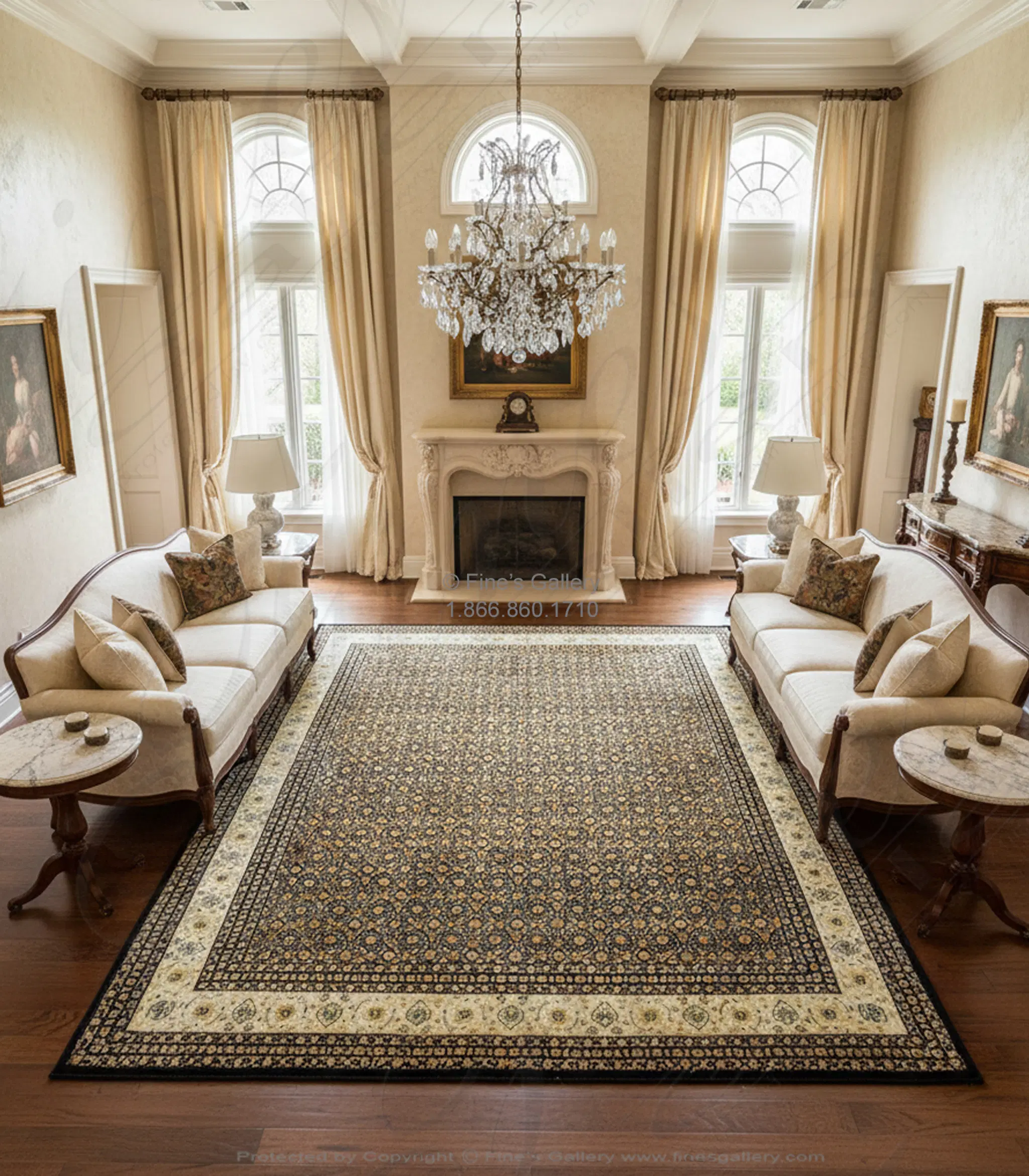 Hand-Knotted Wool & Silk Area Rug - Black with Cream & Taupe Accents - 11.8' x 17.7' Rectangle