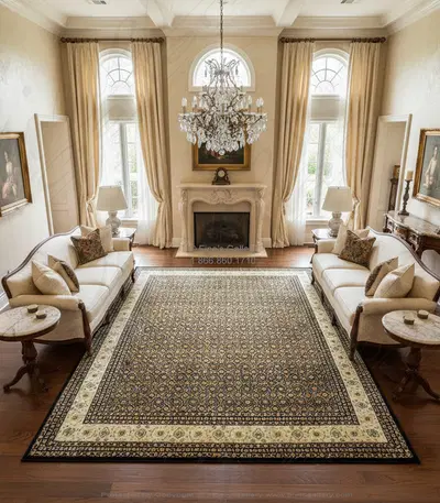 Hand-Knotted Wool & Silk Area Rug - Black with Cream & Taupe Accents - 11.8' x 17.7' Rectangle