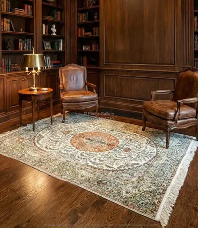 Hand Knotted Silk Rug - Pastel Ivory, Coral & Green Rectangular Area Rug - Fine's Gallery