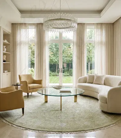 Hand Knotted Ivory Round Rug with Raised Pale Grey Pattern - Elegant Tone on Tone Design