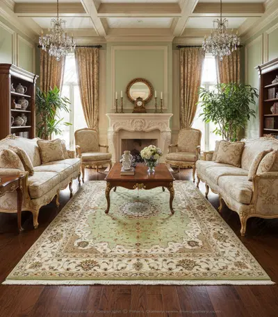 Hand Knotted Wool & Silk Area Rug - Green & Ivory Medallion Rectangle