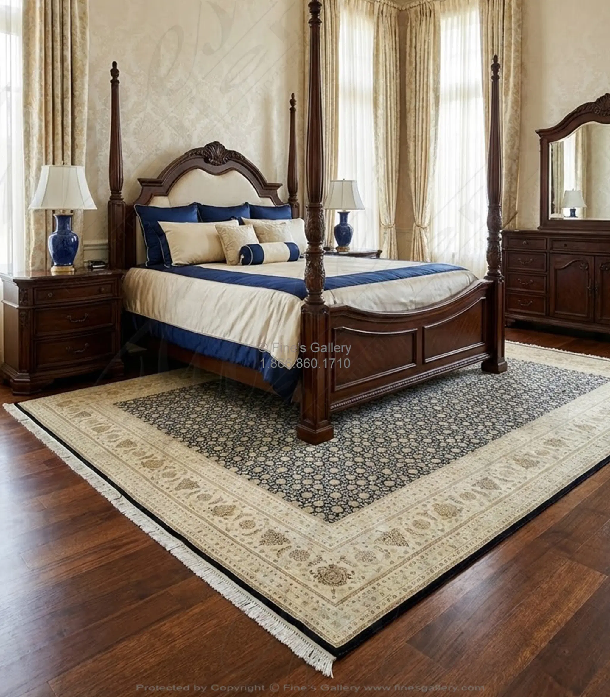 Black and Ivory Wool Silk Hand Knotted Area Rug Rectangle - Luxury Designer Rug