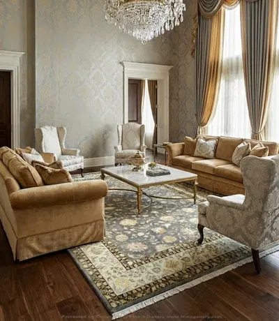 Hand Knotted Wool Rug Rectangle - Grey and Gold with Ivory Border - Luxury Area Rug