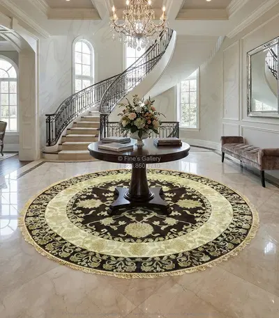 Hand Knotted Wool & Bamboo Round Rug - Dark Brown Taupe & Ivory Elegant Design