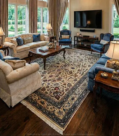 Hand Knotted Wool Rug Rectangle - Navy Blue and Sienna on Ivory Field - Traditional Design