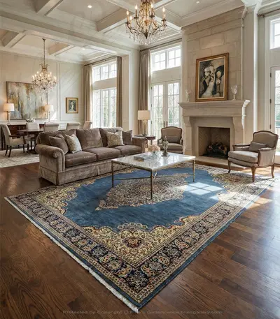 Hand Knotted Medium Blue & Navy Rectangle Rug with Cream & Red Accents - Traditional Design