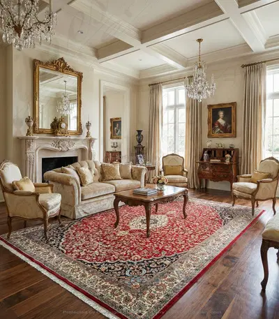 Traditional Rectangle Area Rug - Red Navy with Cream Border - Elegant Home Decor