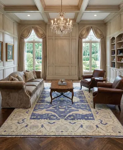Hand Knotted Wool Area Rug - 9' x 10' Medium Blue with Cream Border and Gold Accents