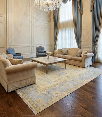 Hand-Knotted Wool Rectangle Rug - Cream with Blue and Tan Accents - Traditional Design