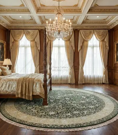 Emerald Green Hand Knotted Round Rug with Grey and Cream Border - Luxury Wool Area Rug