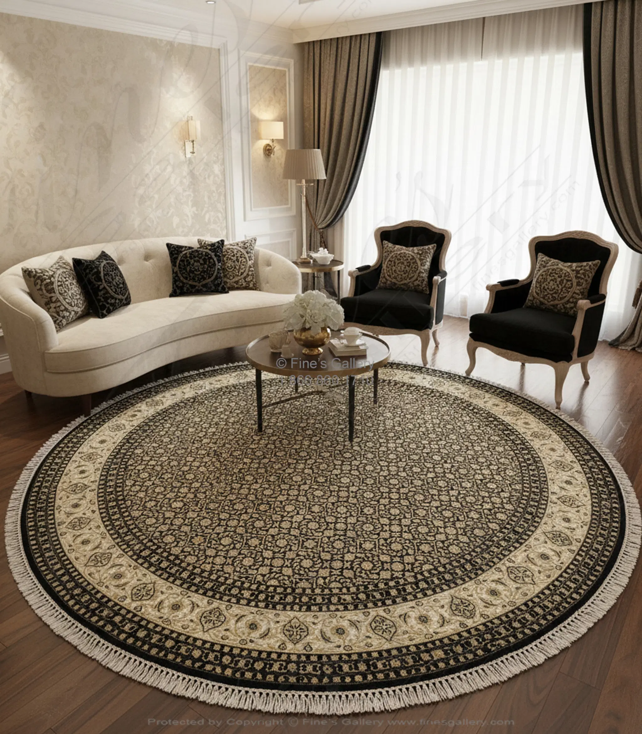 Hand Knotted Wool Round Rug - Black, Ivory & Taupe Elegant Design - Fine's Gallery
