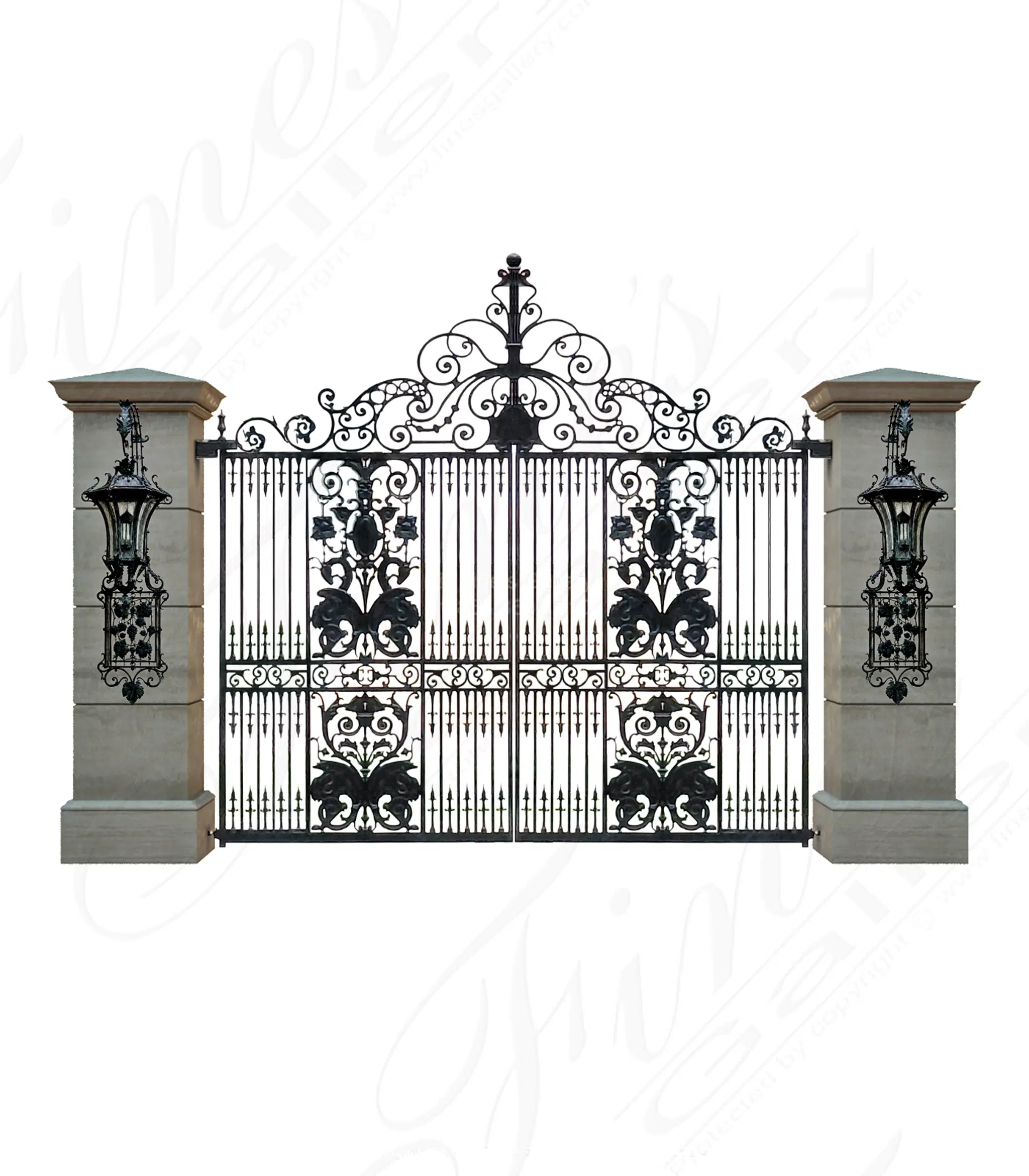 Spectacular Set of Gate Piers with Iron Gate & Wall Lanterns featured in Roman Travertine — Model SGP-001 — Hand-Crafted by Fine's Gallery