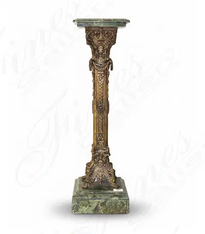 Vintage Bronze and Verde Serpentino Marble Pedestal with Acanthus Leaf Detail