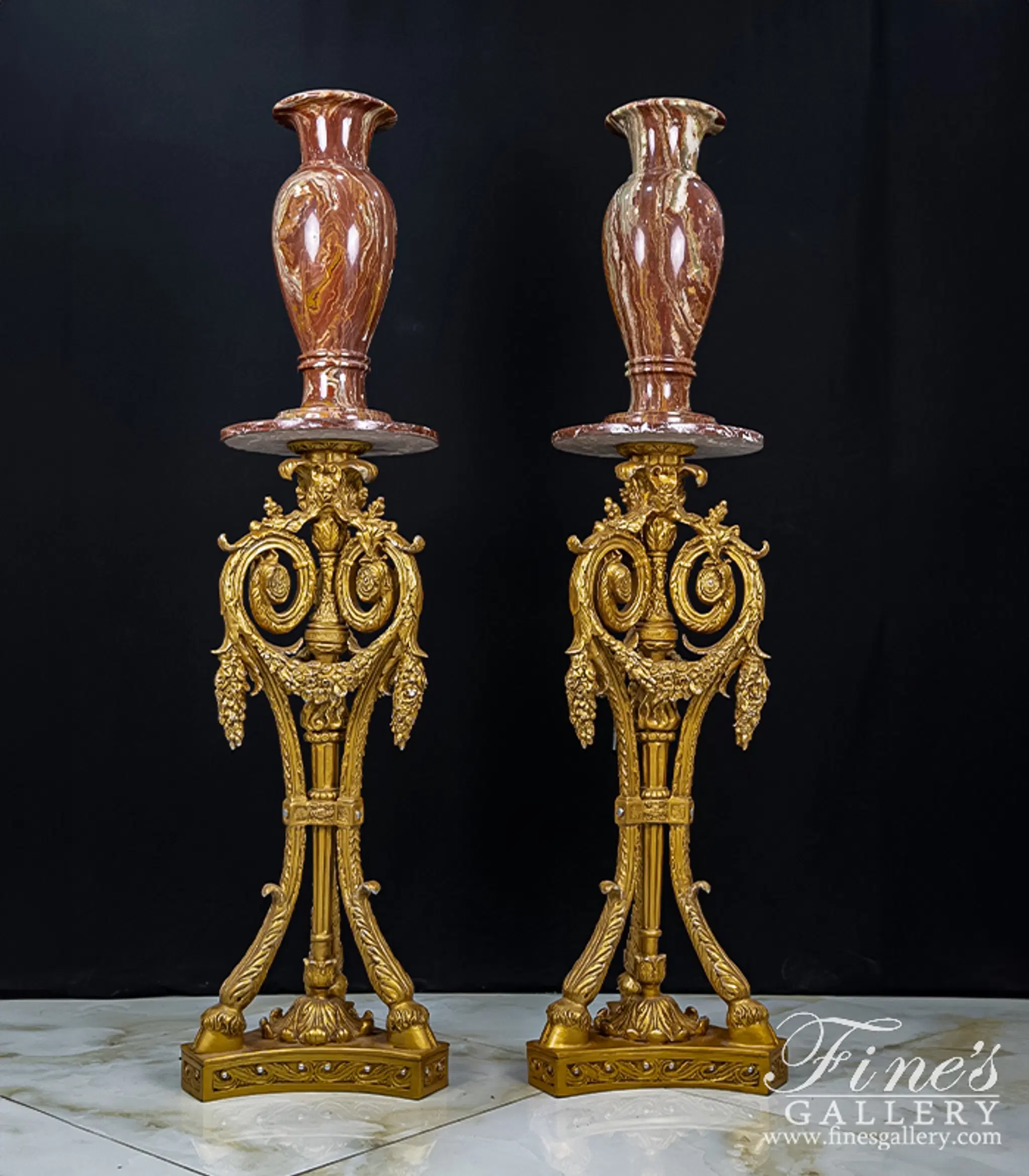 Rare Red Alabaster Decorative Vase with Gold Gilt Bronze Pedestal - Luxury Polished Natural Stone Urn — Model MP-429 — Hand-Crafted by Fine's Gallery