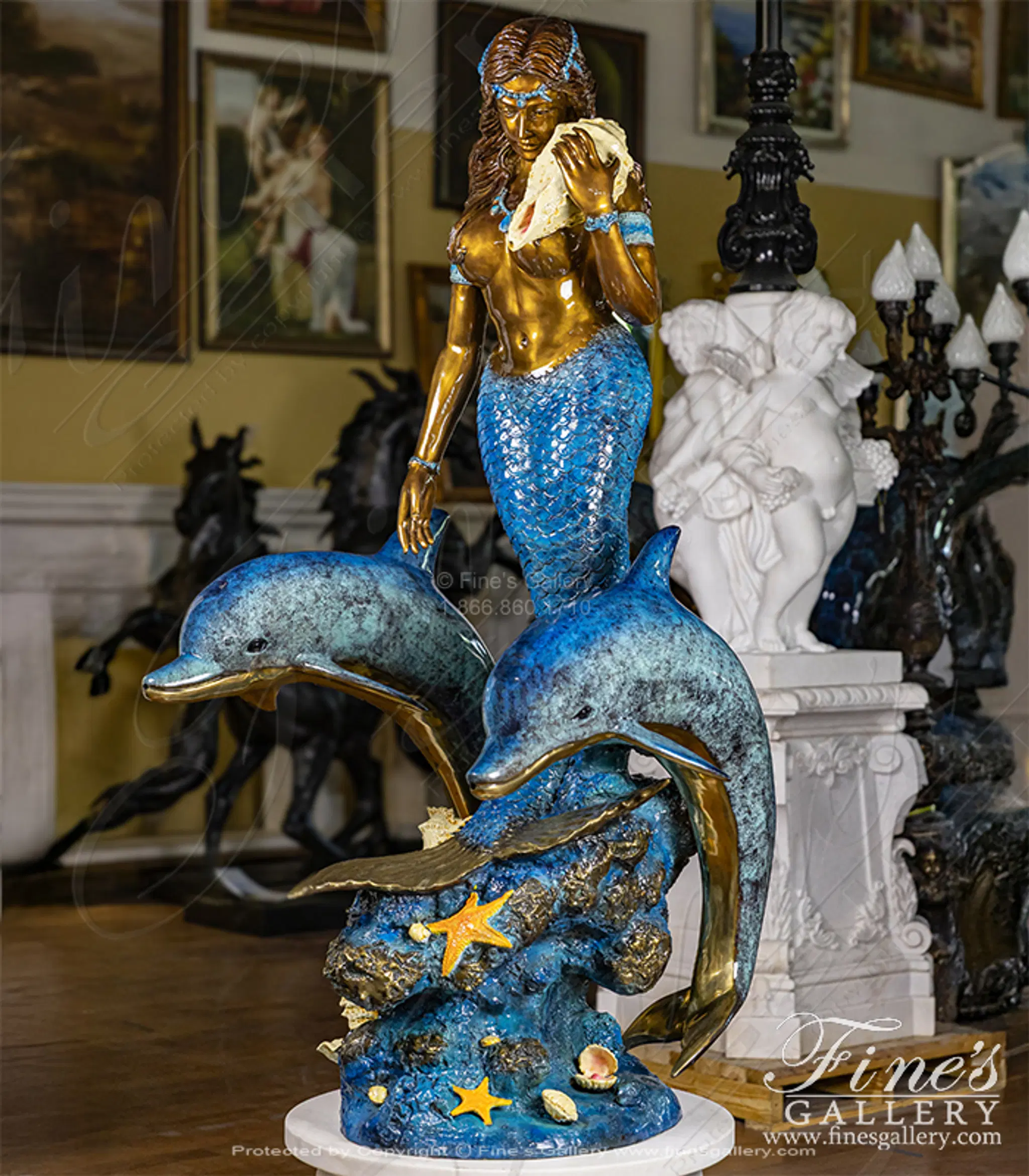 Bronze Mermaid with Two Dolphins Fountain