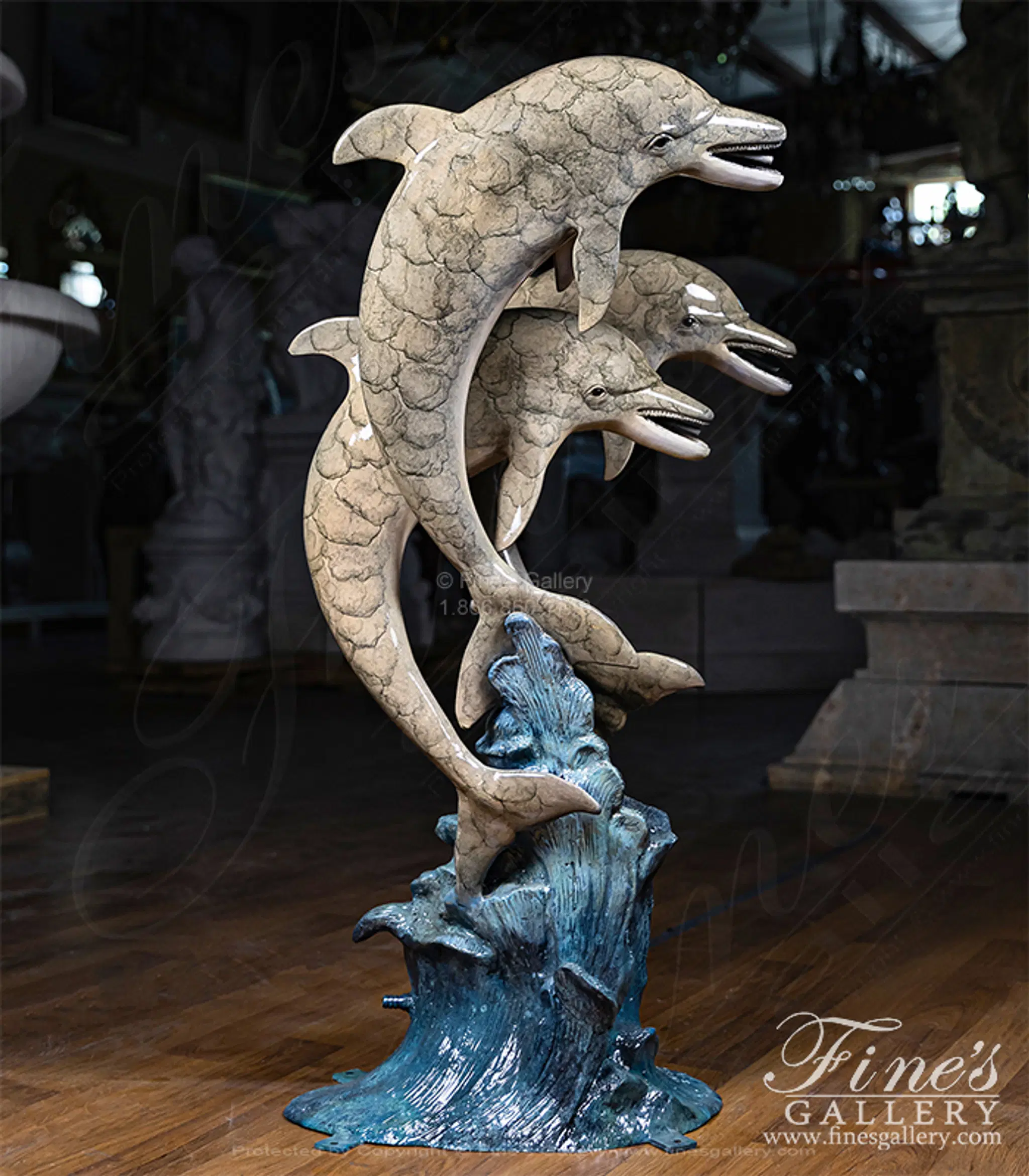 Three Bronze Dolphins Fountain in Brilliant Enamel Bronze