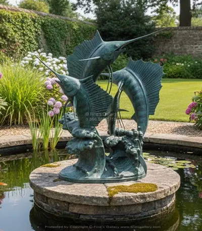 Three Sailfish Bronze Fountain - Realistic Leaping Fish Sculpture with Water Feature - Outdoor Garden Decor