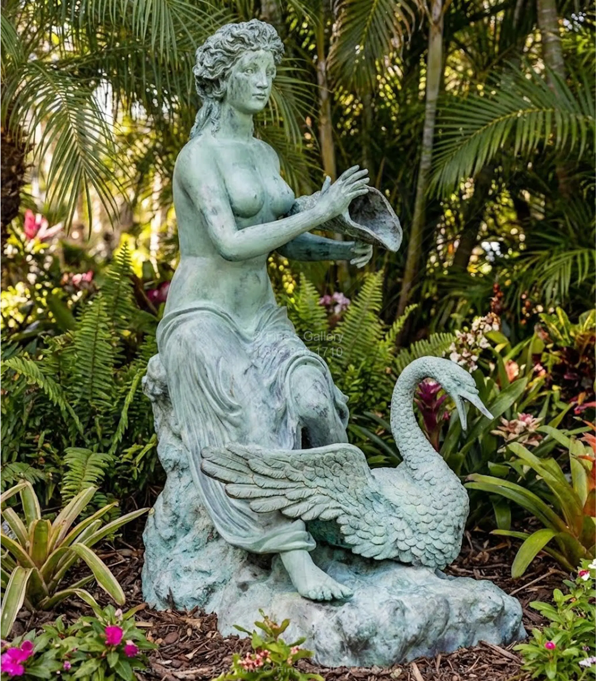 Swan Maiden Bronze Fountain - Patina Finish Outdoor Water Feature with Seashell and Swan