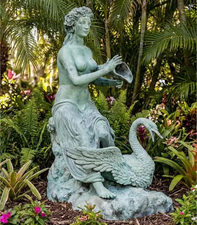 Swan Maiden Bronze Fountain - Patina Finish Outdoor Water Feature with Seashell and Swan