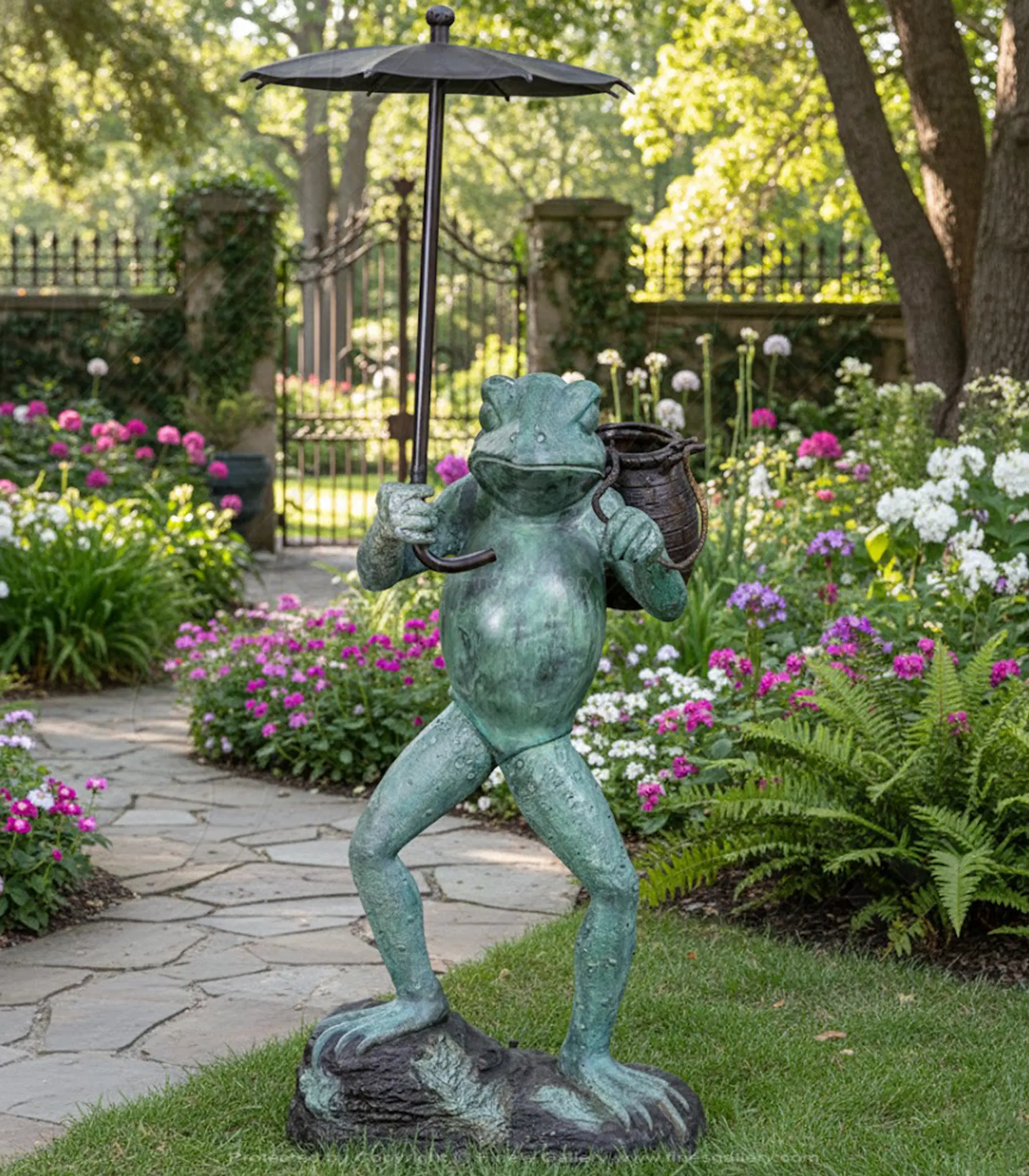 Umbrella Frog Bronze Fountain - 53" Tall Patina Bronze Garden Sculpture - Outdoor Water Feature