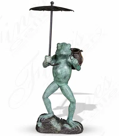 Umbrella Frog Bronze Fountain - 53" Tall Patina Bronze Garden Sculpture - Outdoor Water Feature