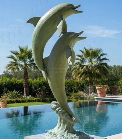 Two Patina Dolphins Bronze Fountain