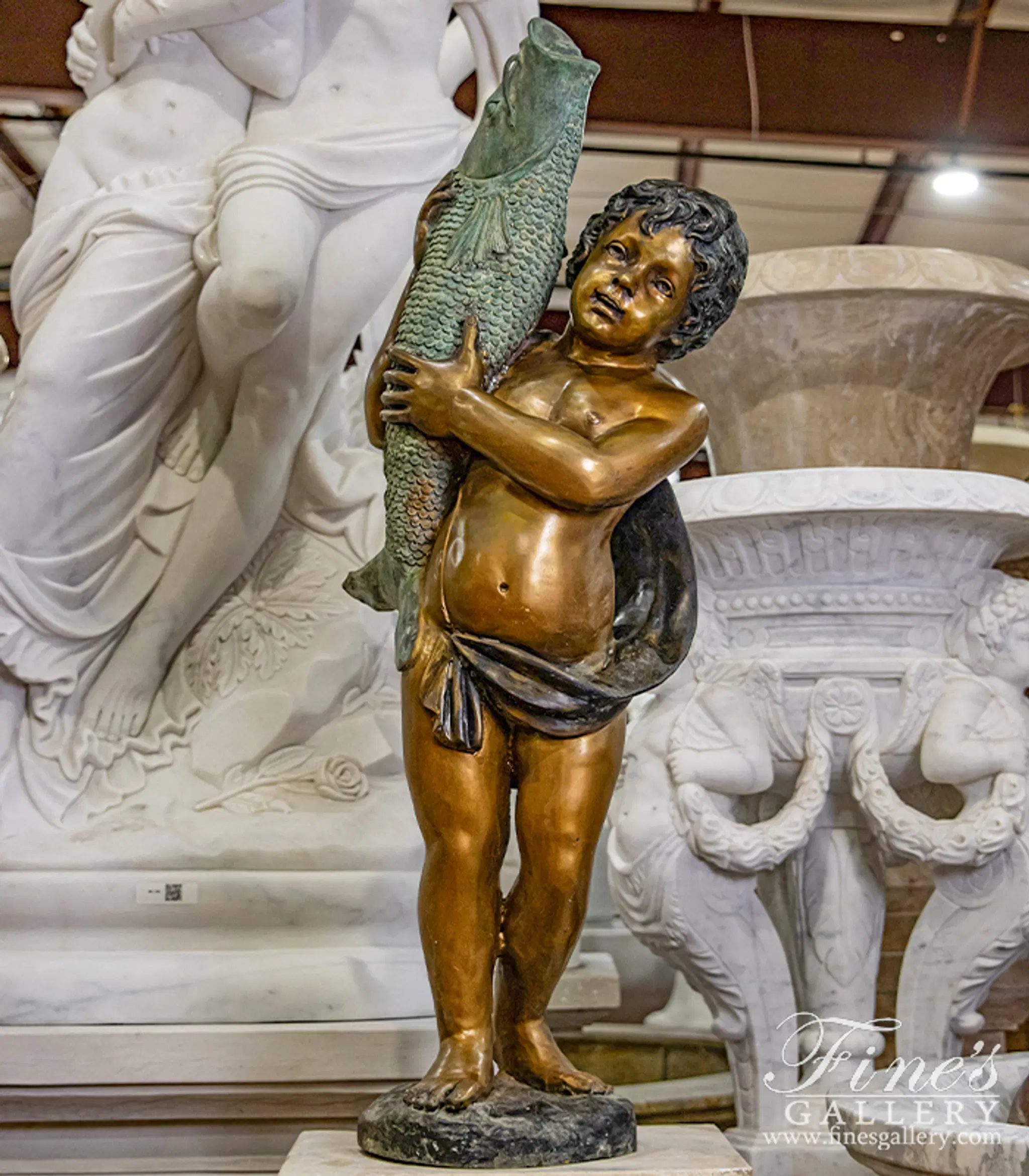 Boy Holding a Fish Bronze Fountain — Model BF-459 — Hand-Crafted by Fine's Gallery