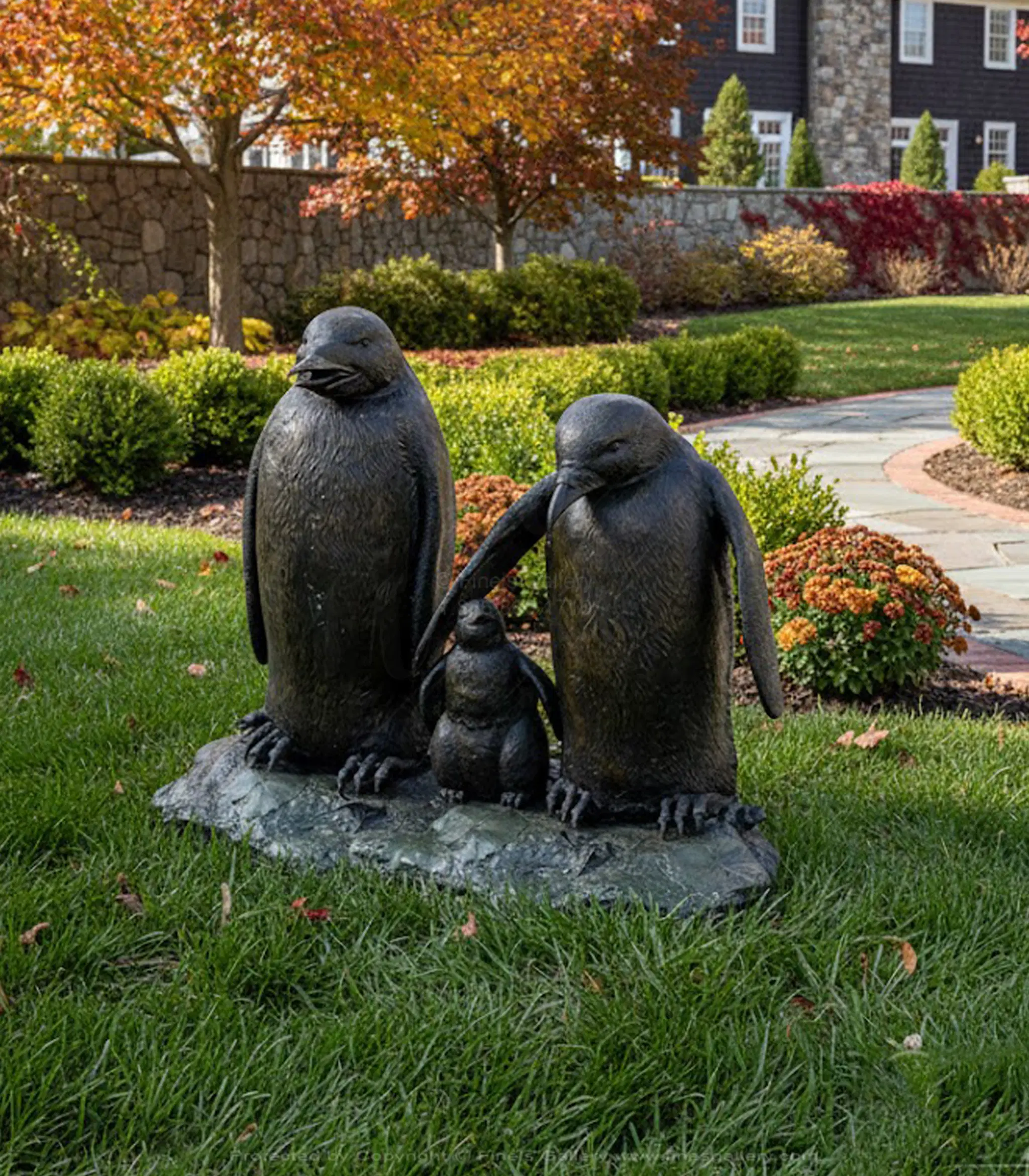 Penguin Family Bronze Fountain - Detailed Outdoor Water Feature with Parent Penguins and Baby Chick