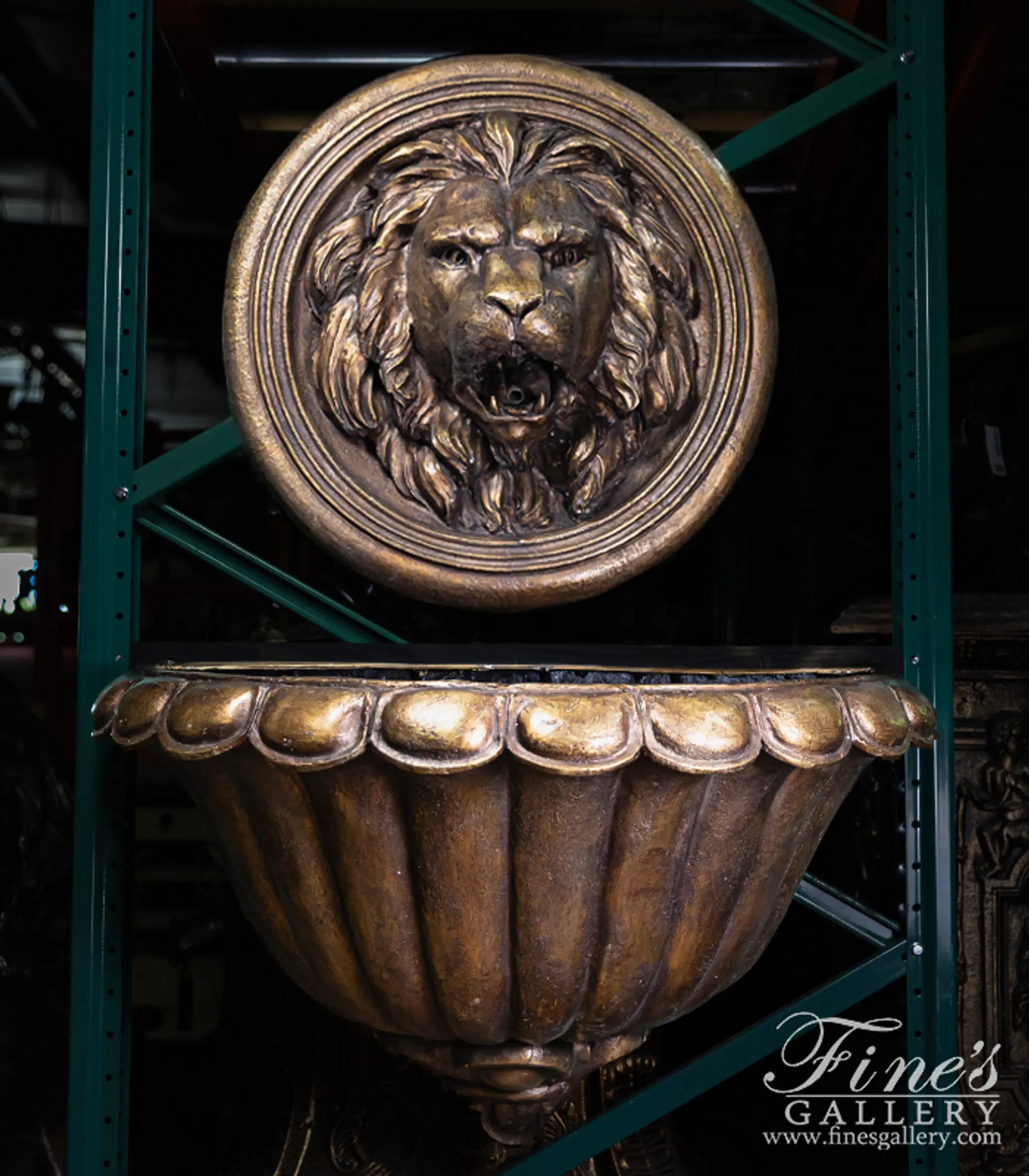 Bronze Lion Wall Fountain - Regal Dark Bronze Carved Lion Head with Scalloped Basin - 39" Wide Outdoor Water Feature — Model BF-586 — Hand-Crafted by Fine's Gallery