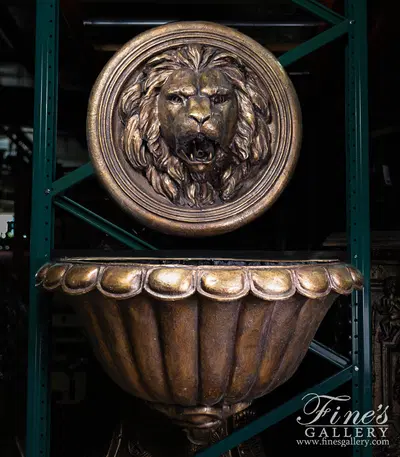 Bronze Lion Wall Fountain - Regal Dark Bronze Carved Lion Head with Scalloped Basin - 39" Wide Outdoor Water Feature