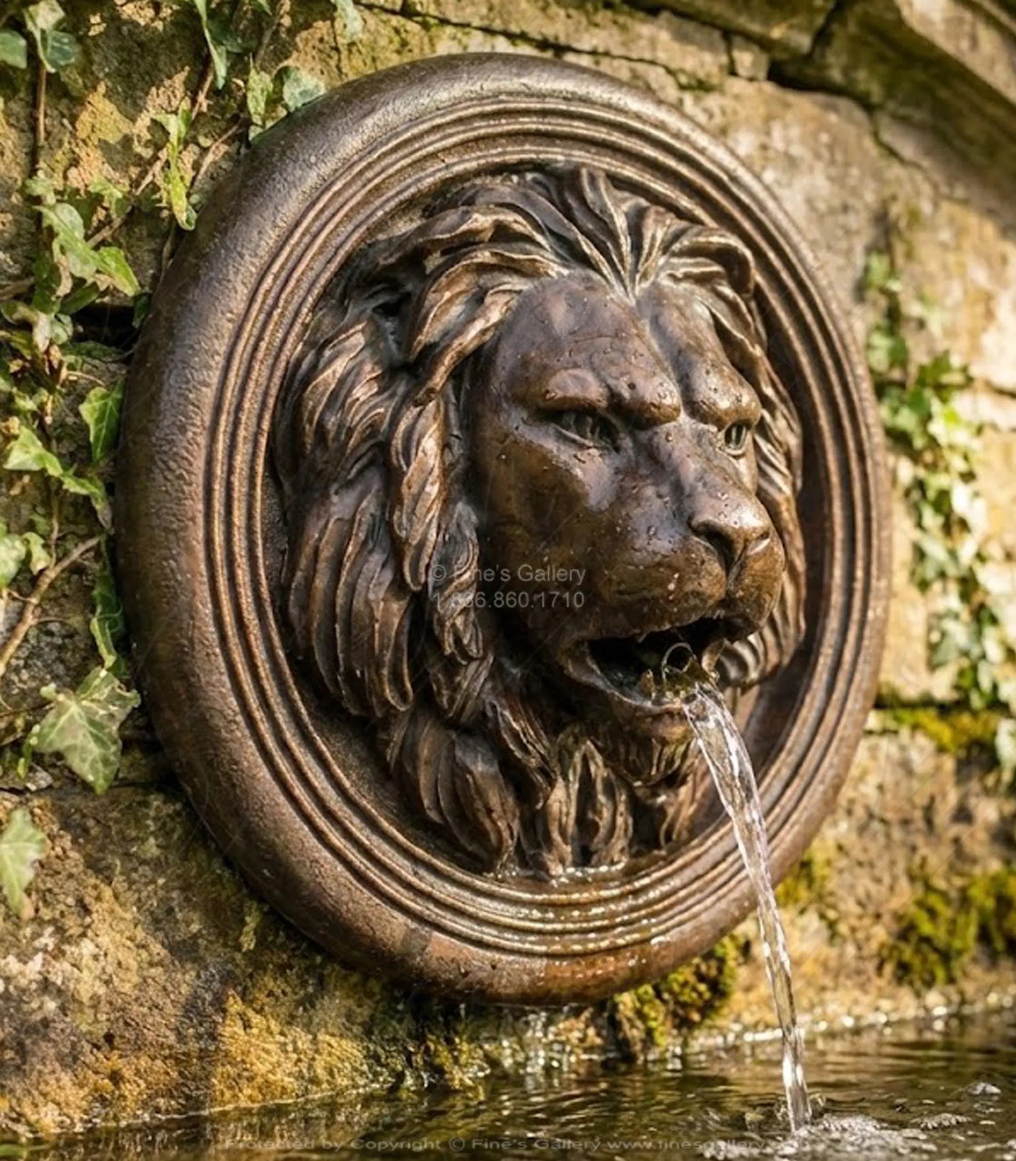 Bronze Lion Wall Fountain - Regal Dark Bronze Carved Lion Head with Scalloped Basin - 39" Wide Outdoor Water Feature