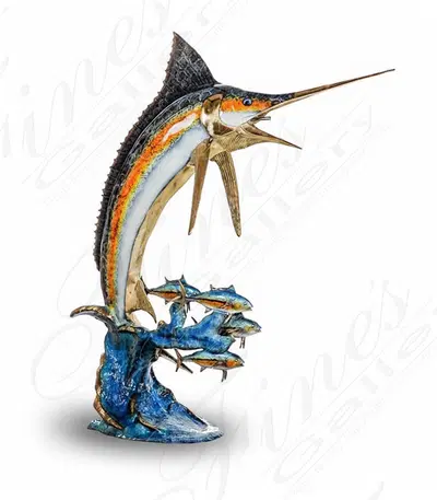 91" Bronze Marlin Fountain with Tropical Fish - Large Outdoor Pool Water Feature