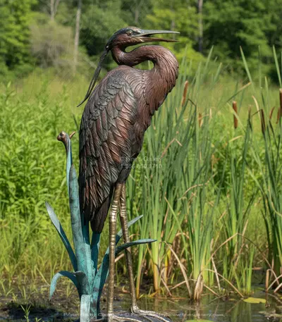 64" Bronze Heron Fountain - Elegant Garden Water Feature - Outdoor Sculpture