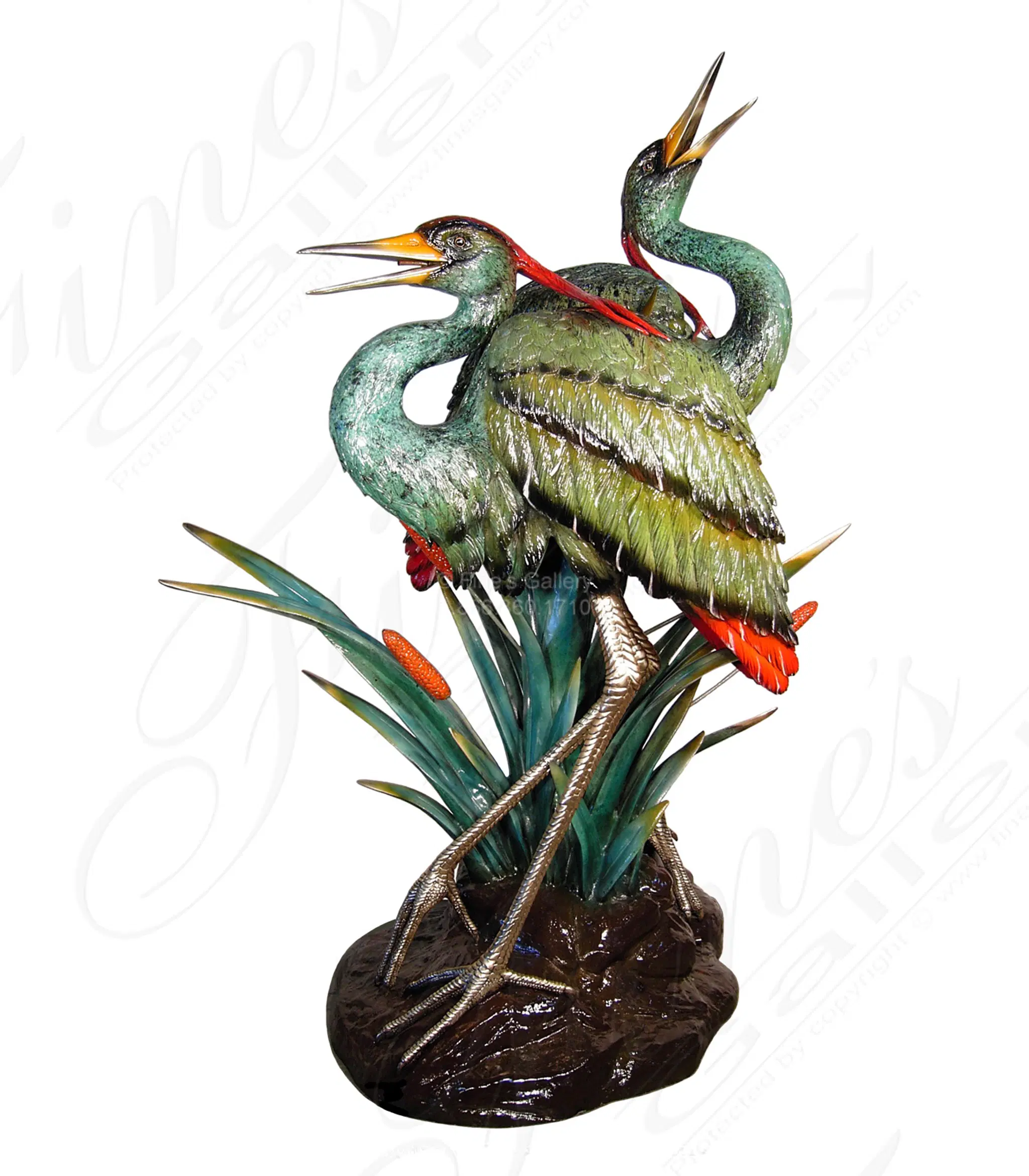 Blue Green Bronze Herons Fountain — Model BF-706 — Hand-Crafted by Fine's Gallery