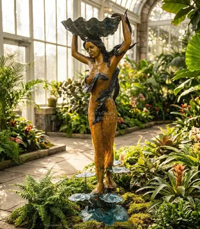Lady Holding Shell Bronze Fountain - Brilliant Colored Outdoor Garden Statue Sculpture