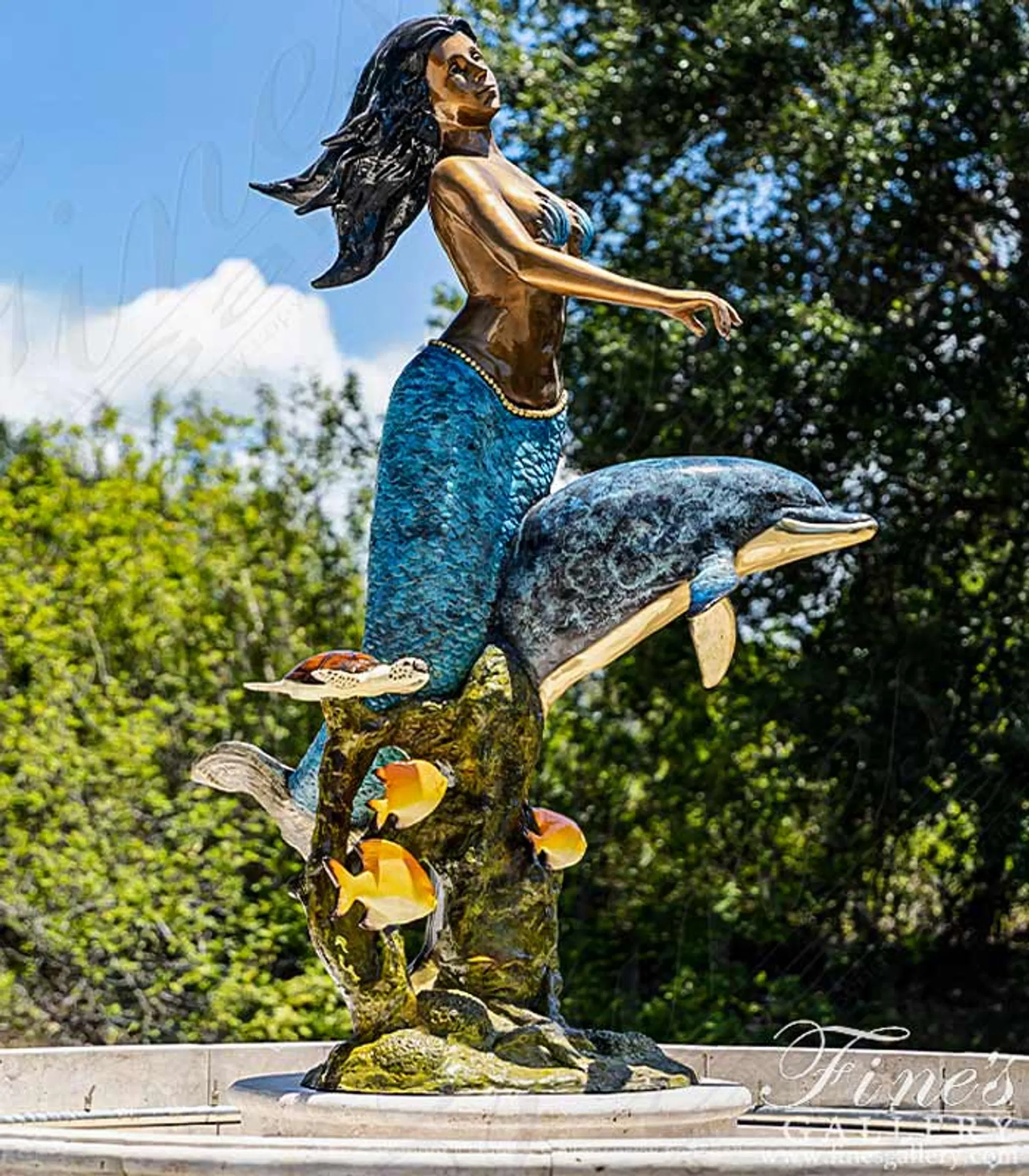 Bronze Mermaid, Dolphin and Tropical Fish Fountain