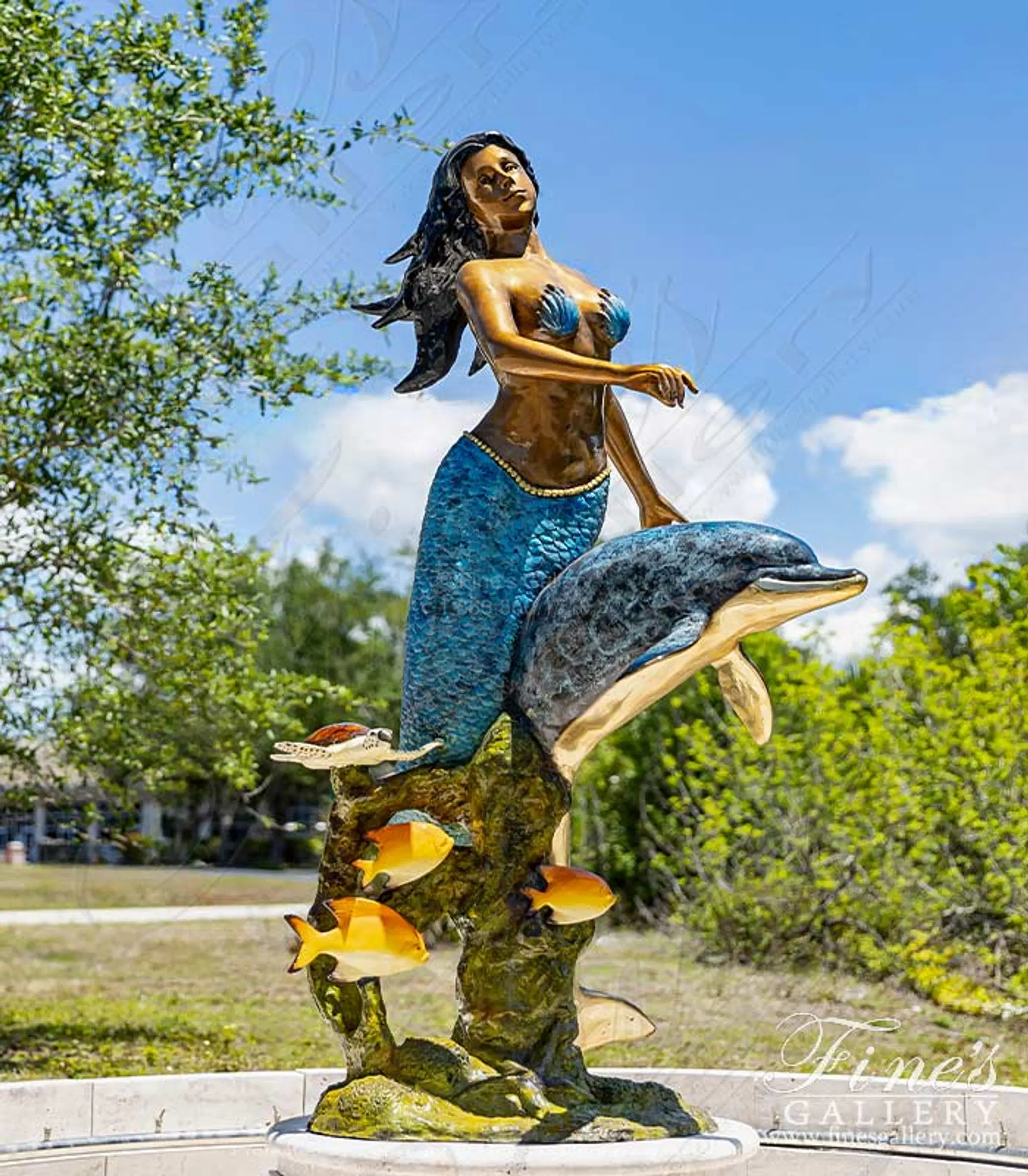 Bronze Mermaid, Dolphin and Tropical Fish Fountain