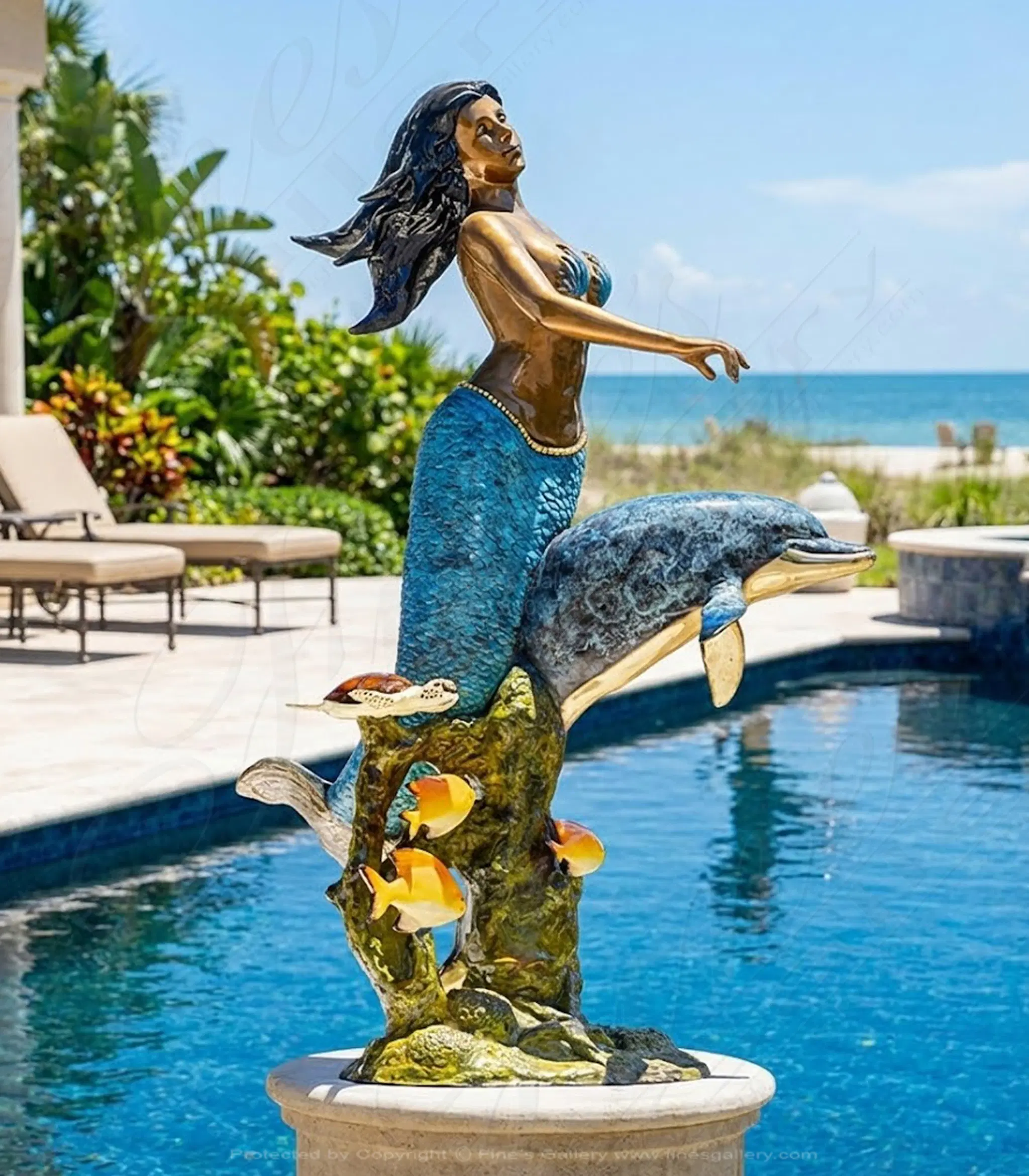 Bronze Mermaid, Dolphin and Tropical Fish Fountain