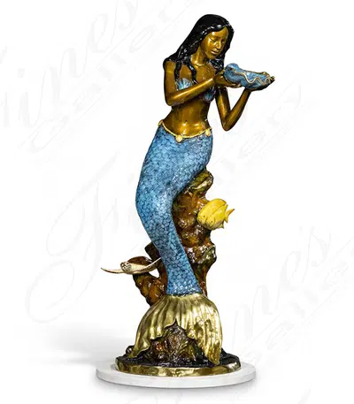 Bronze Mermaid Fountain with Shell Cascade - Outdoor Garden Water Feature with Clownfish and Sea Turtle