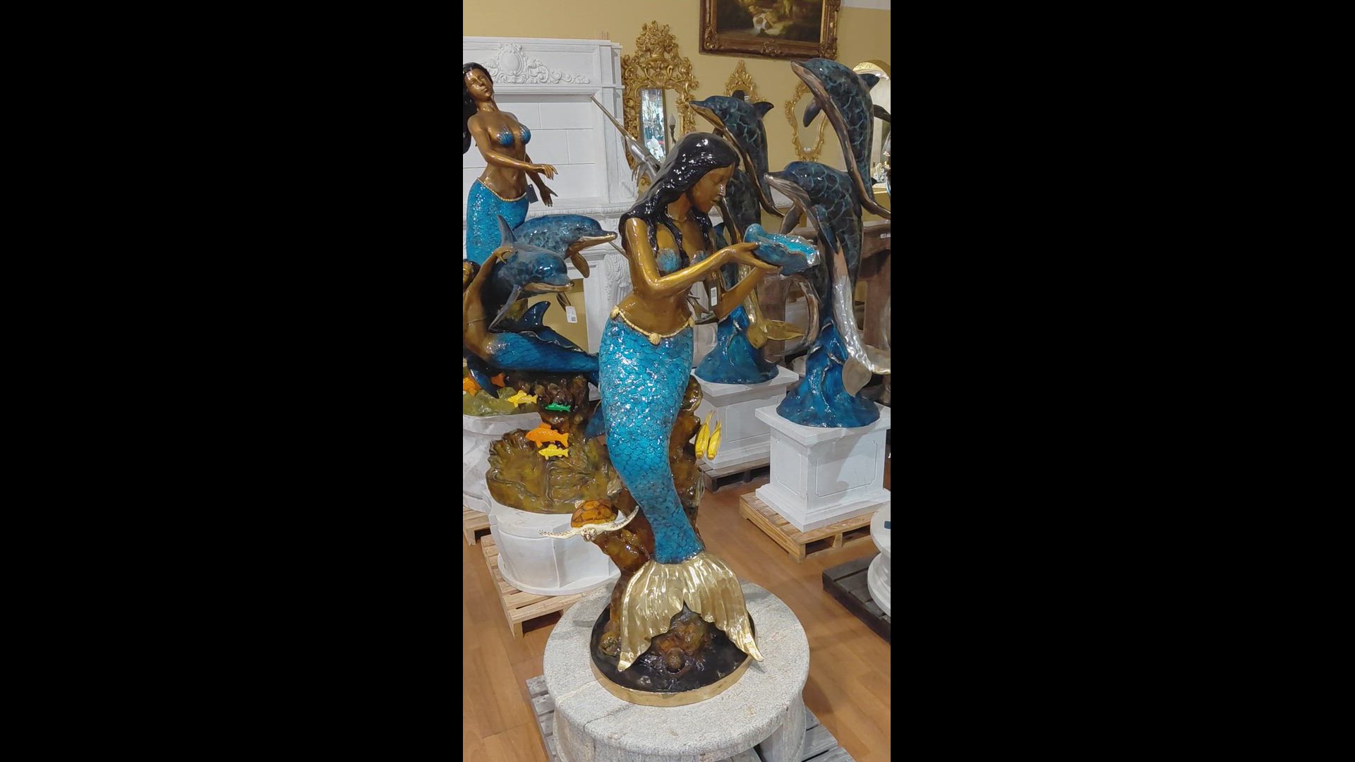 Bronze Mermaid Fountain with Shell Cascade - Outdoor Garden Water Feature with Clownfish and Sea Turtle — Model BF-715 — product video