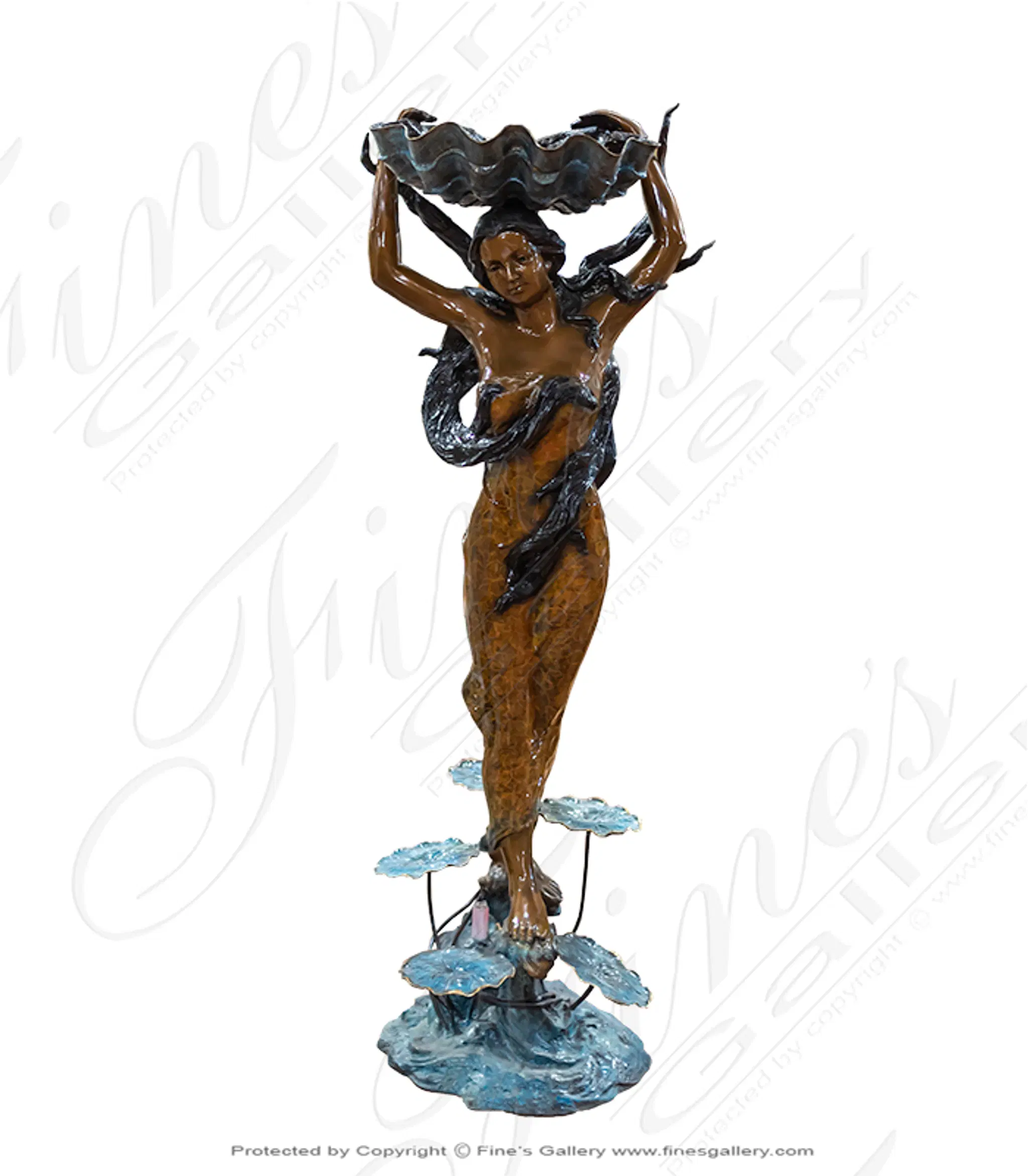 Lady Holding Shell Bronze Fountain - Brilliant Colored Outdoor Garden Statue Sculpture — Model BF-712 — Hand-Crafted by Fine's Gallery