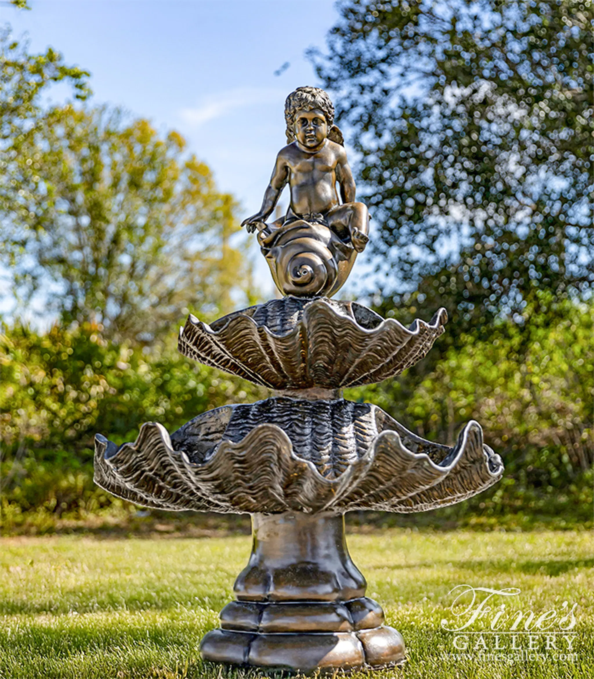Cherub and Shells Fountain in Bronze — Model BF-749 — Hand-Crafted by Fine's Gallery