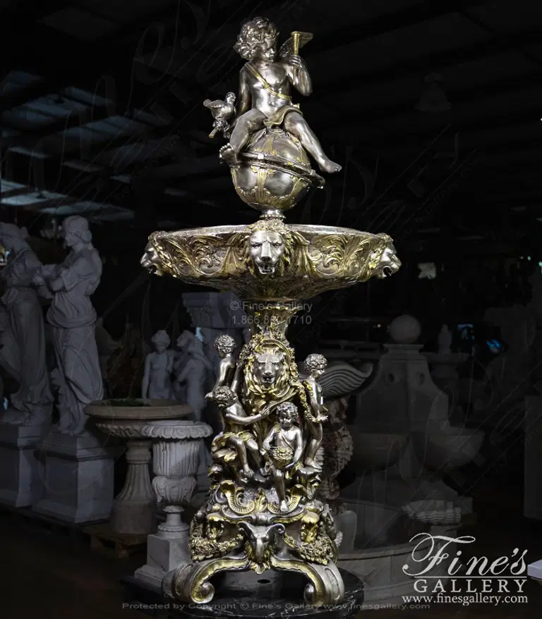 Lion and Cherub Themed Tiered Silver Bronze Fountain
