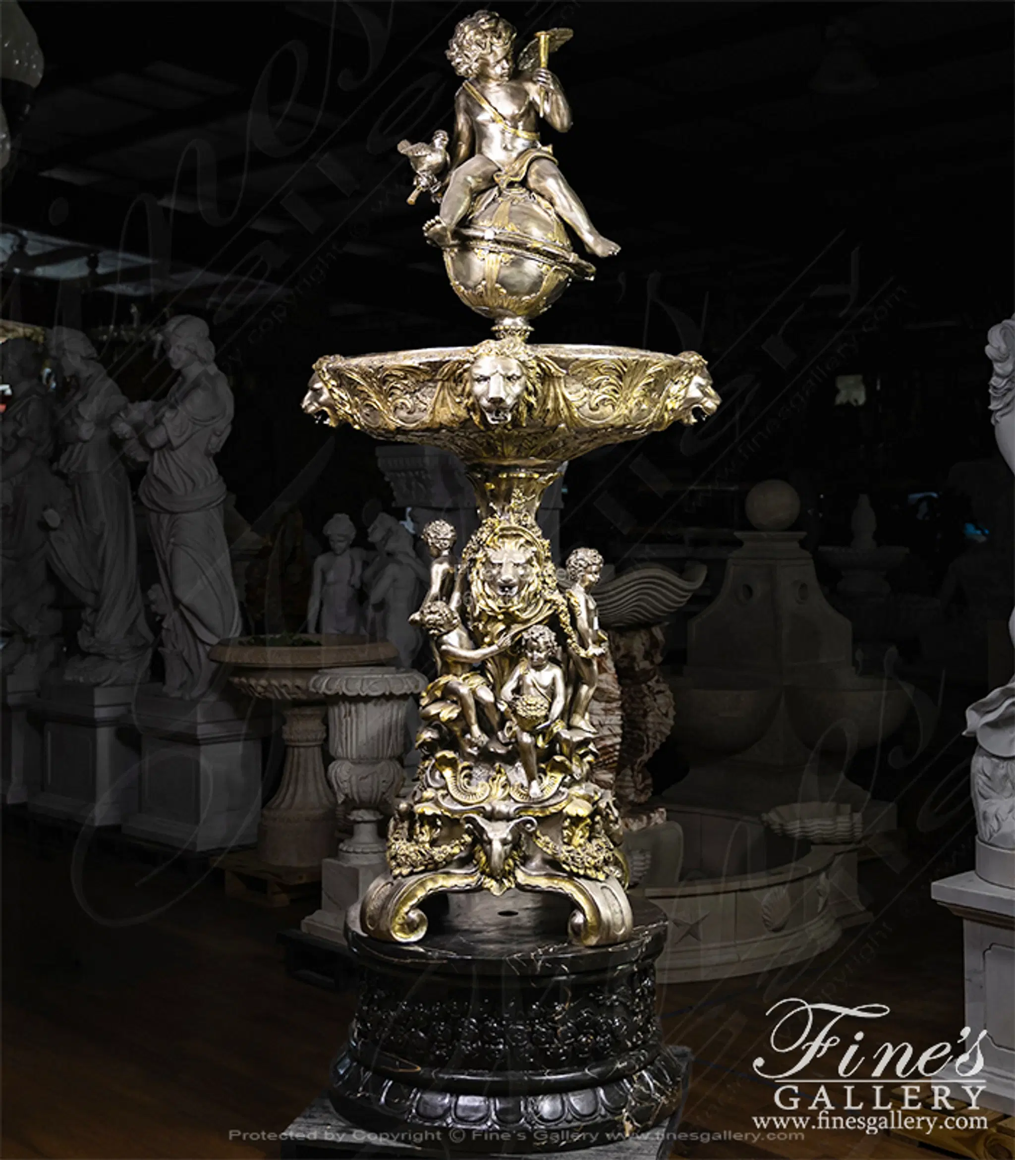 Lion and Cherub Themed Tiered Silver Bronze Fountain — Model BF-767 — Hand-Crafted by Fine's Gallery