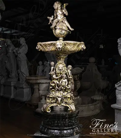 Lion and Cherub Themed Tiered Silver Bronze Fountain