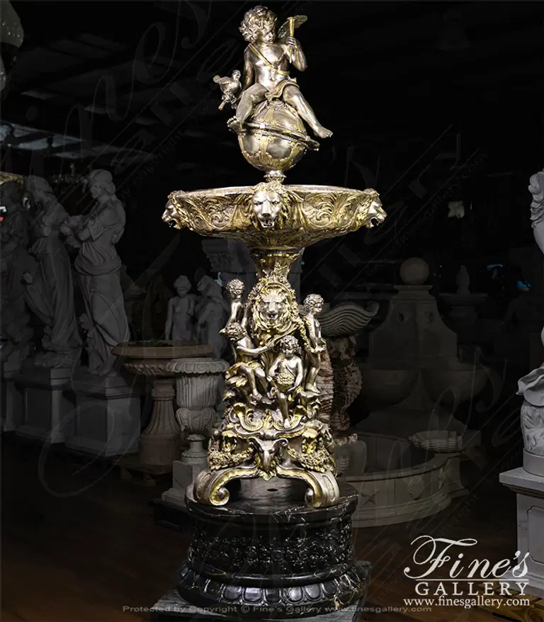 Lion and Cherub Themed Tiered Silver Bronze Fountain