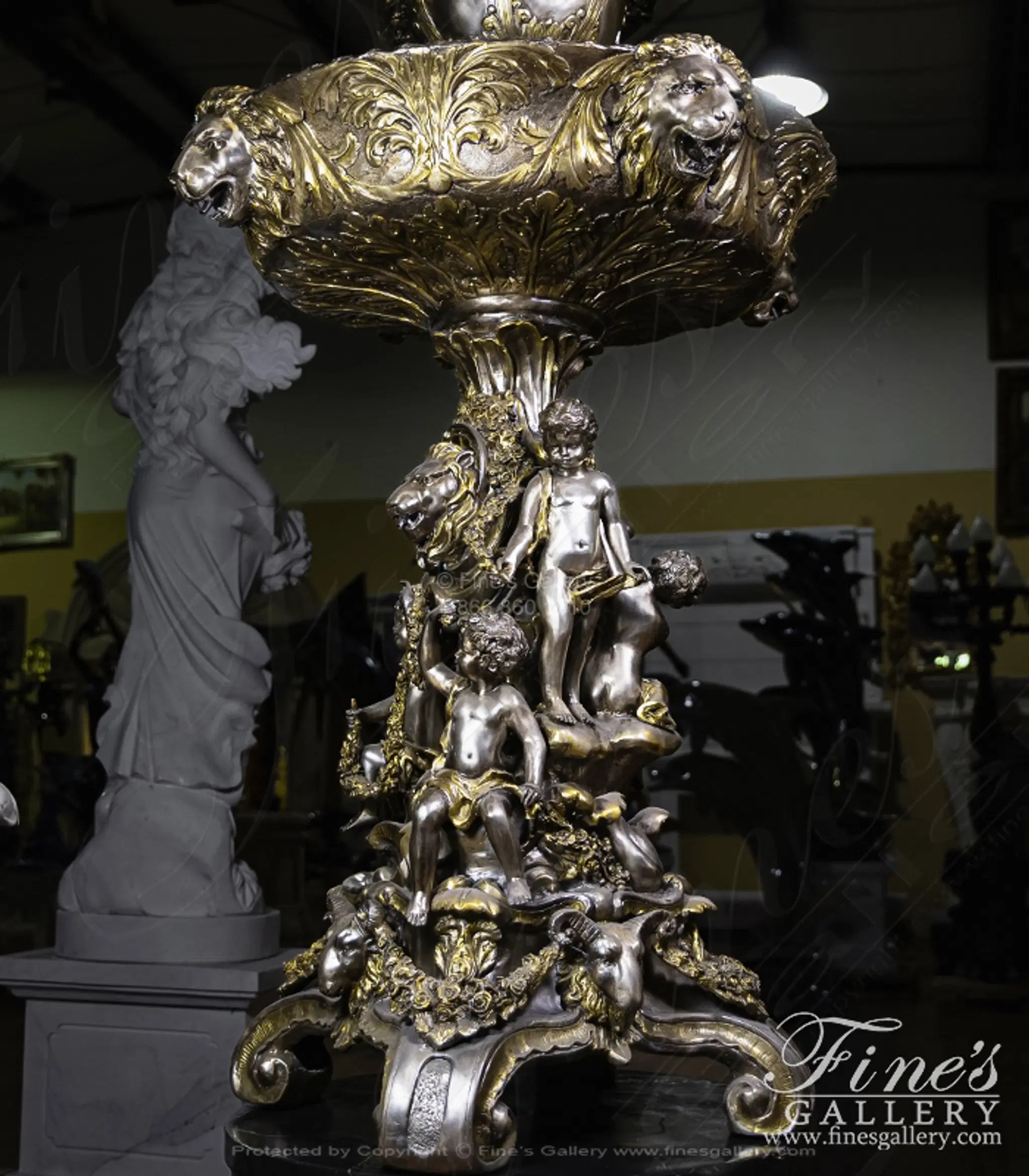 Lion and Cherub Themed Tiered Silver Bronze Fountain — Model BF-767 — detail view 7